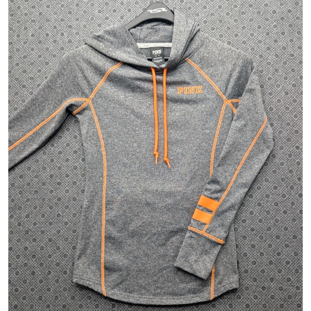 Victorias Secret PINK Active Hoodie XS Heather Gray Orange Stitching Thumbholes